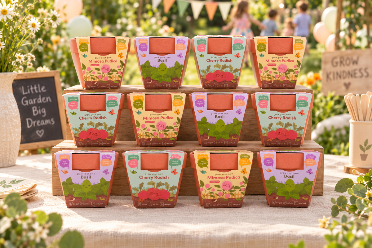 Twelve Kids Garden grow kits arranged as favors at a garden birthday party
