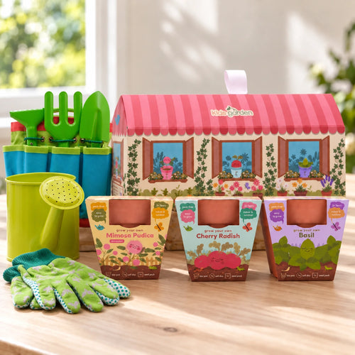 Little Gardener Set in blue and green with Kids Garden House, three grow kits, gardening tools, watering can and gloves