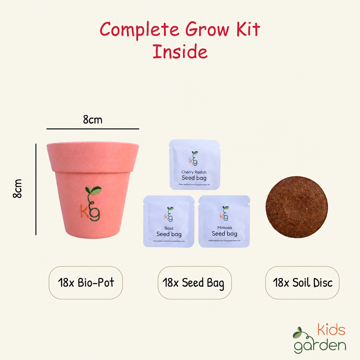 Contents of the 18-kit party pack: 18 bio-pots, 18 seed bags and 18 soil discs