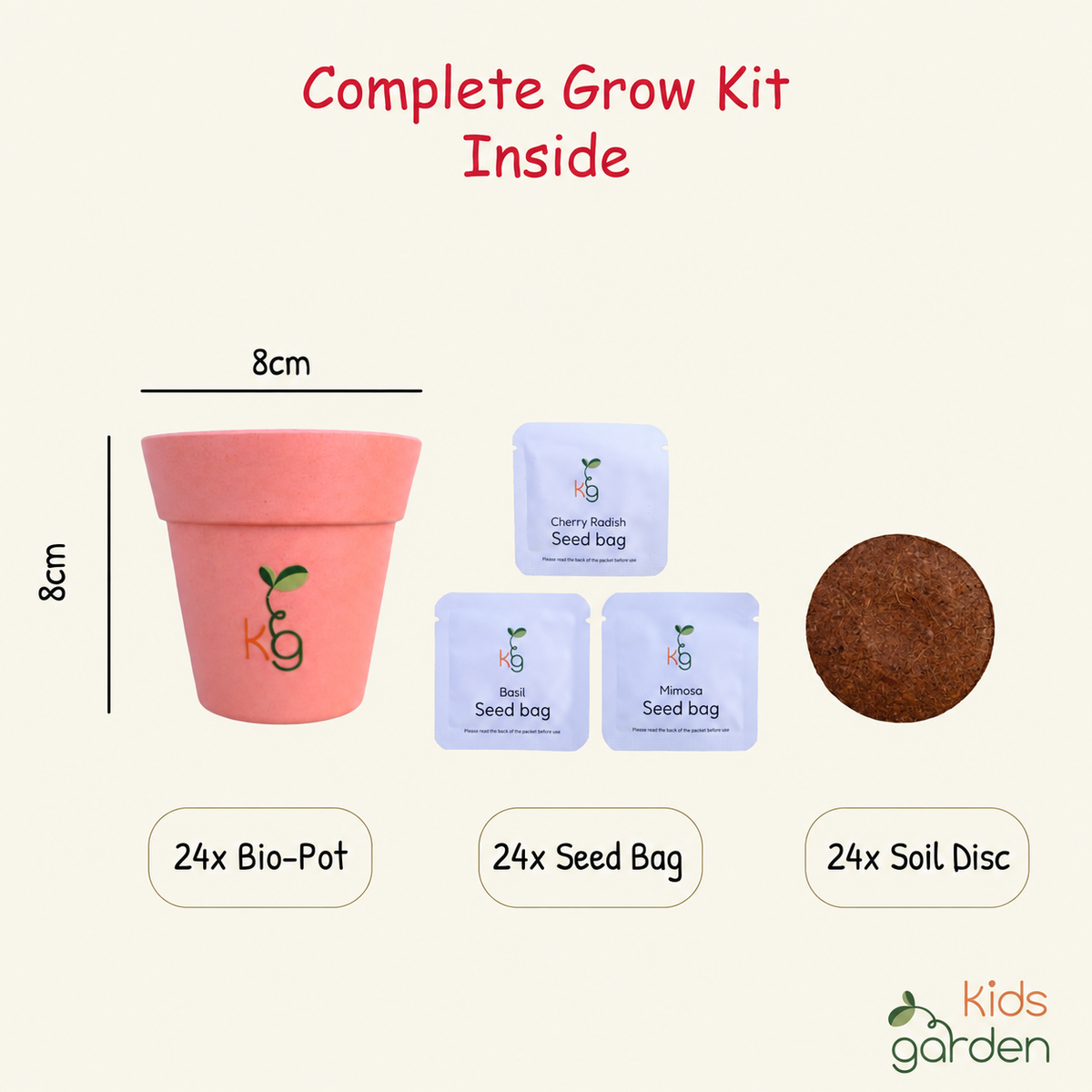 Contents of the 24-kit party pack: 24 bio-pots, 24 seed bags and 24 soil discs